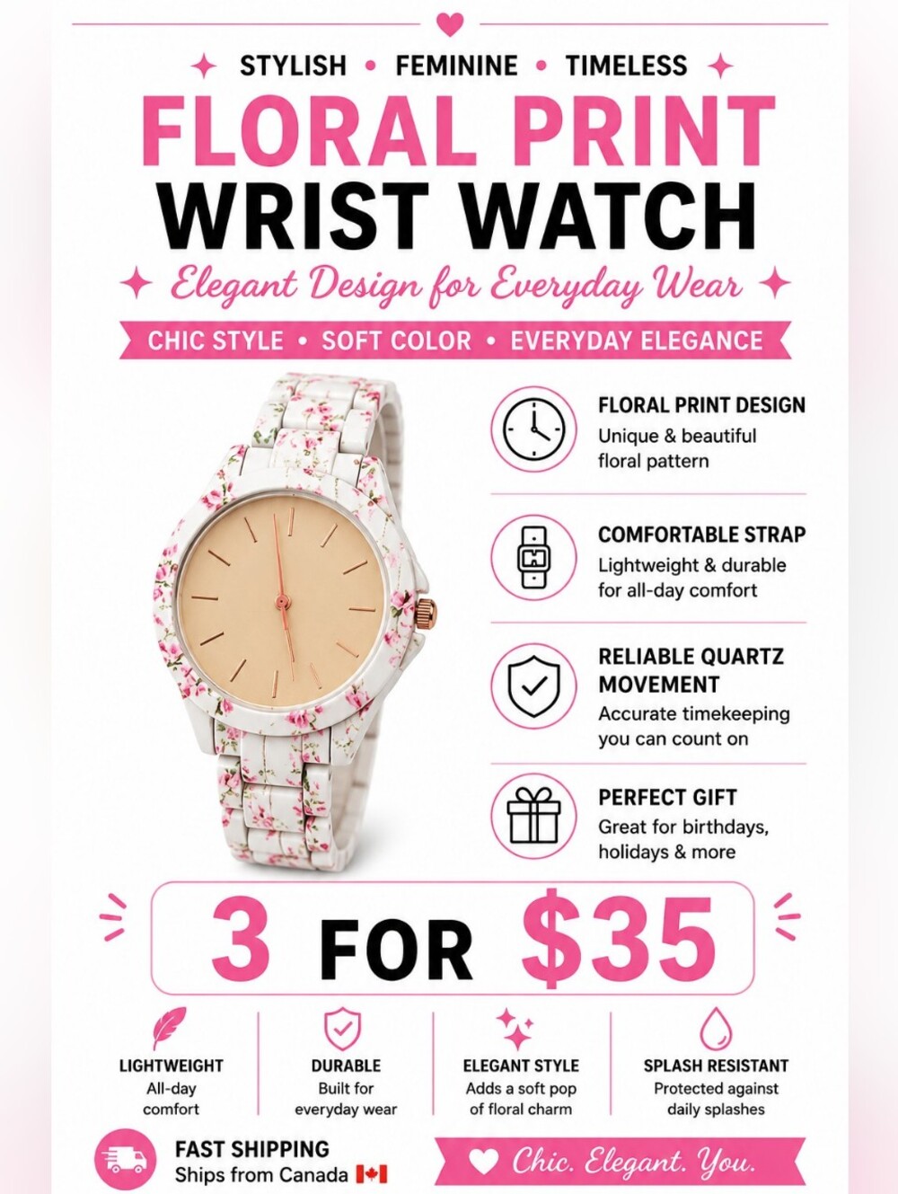 Women’s Quartz Floral Watch White Link Band Pink Flower Dial Analog Wristwatch